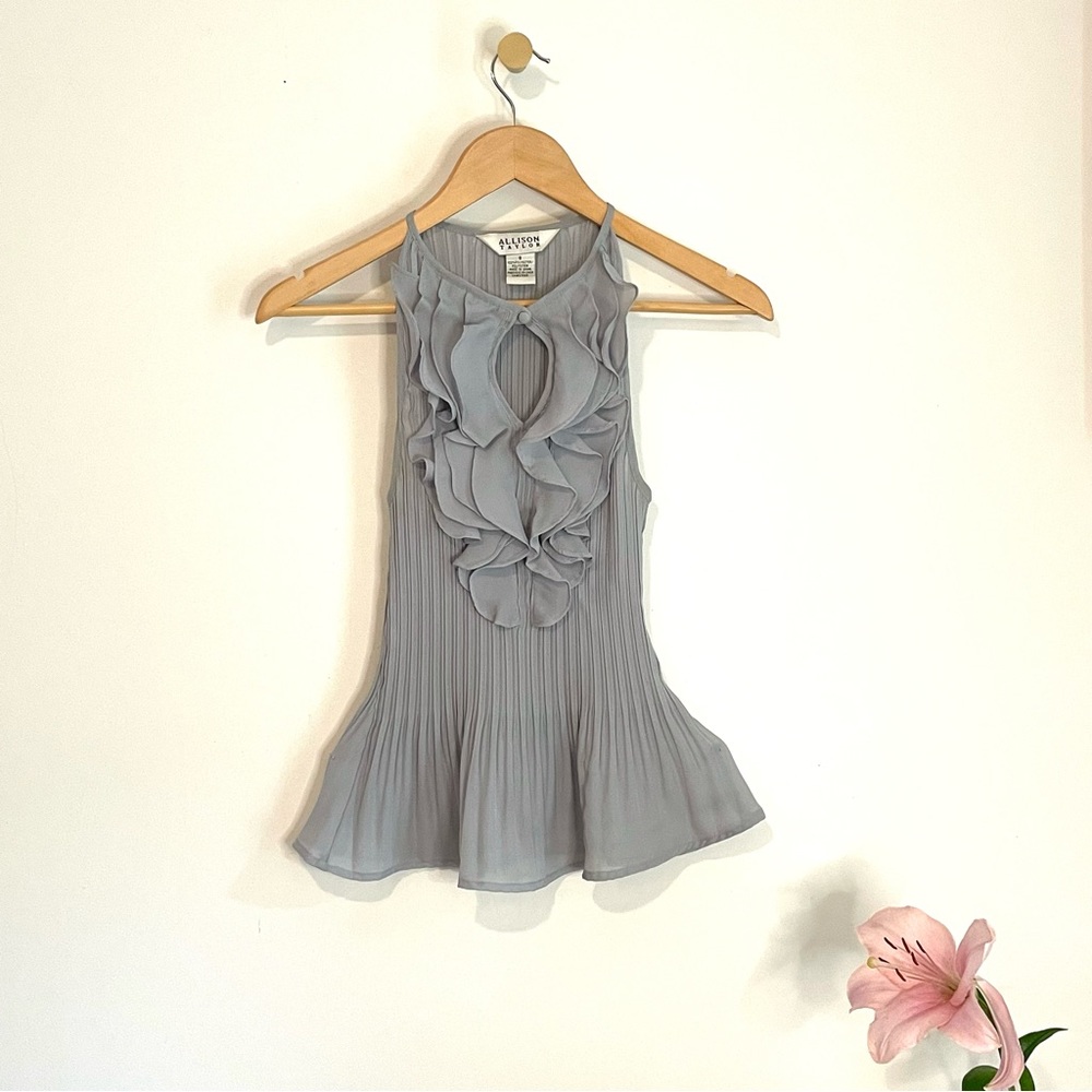 Soft Blue Pleated Ruffle Front Tank Top - Picture 2 of 8